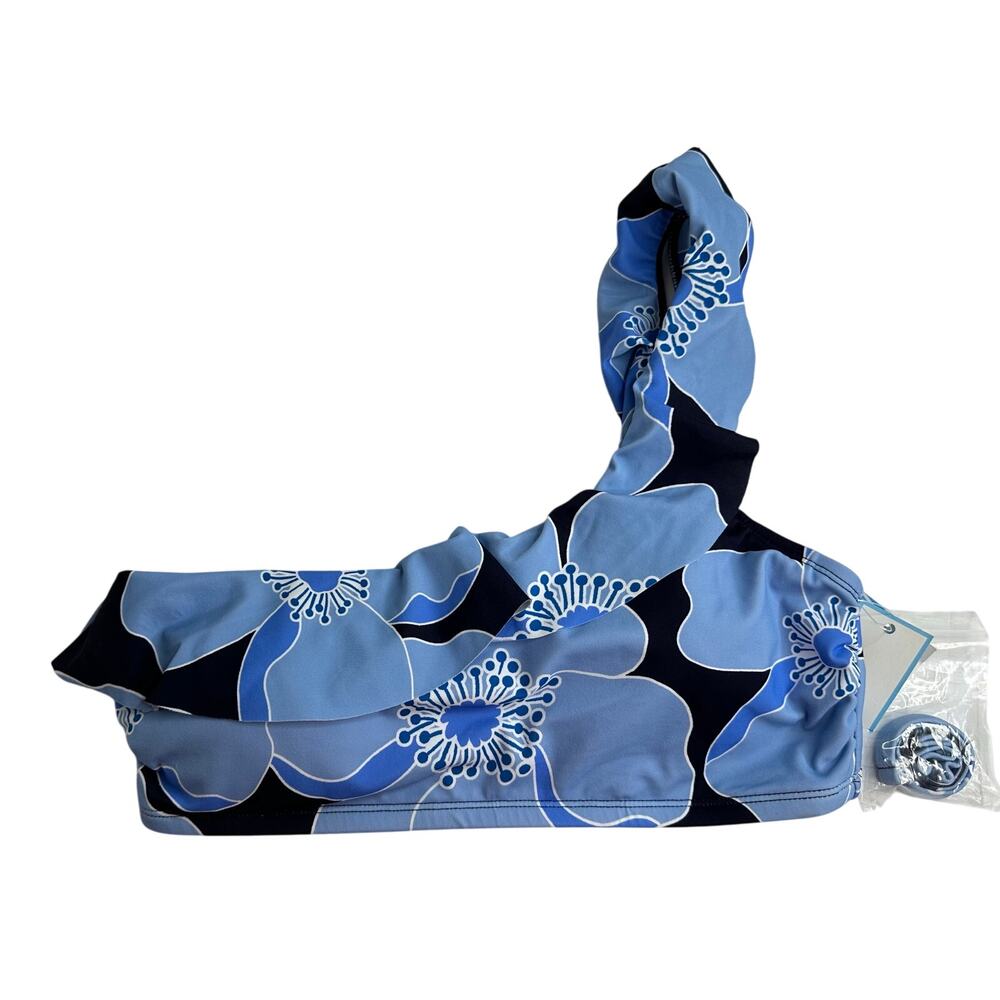 Draper James NWT Blue Black Floral Bikini Top One Shoulder Ruffle Swim Large L